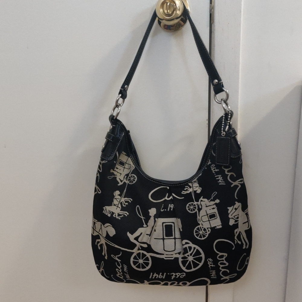 Coach Black and White Shoulder Bag with Carriage Motif